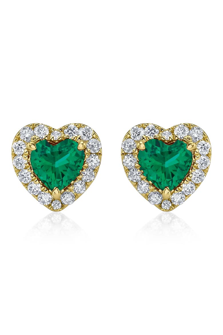 Heart Lab Emerald & Round Diamond Halo Stud Earrings 14K 0.68ct, Main, color, Emerald/Yellow Gold