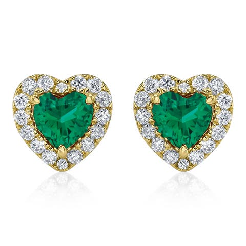 Heart Lab Emerald & Round Diamond Halo Stud Earrings 14K 0.68ct