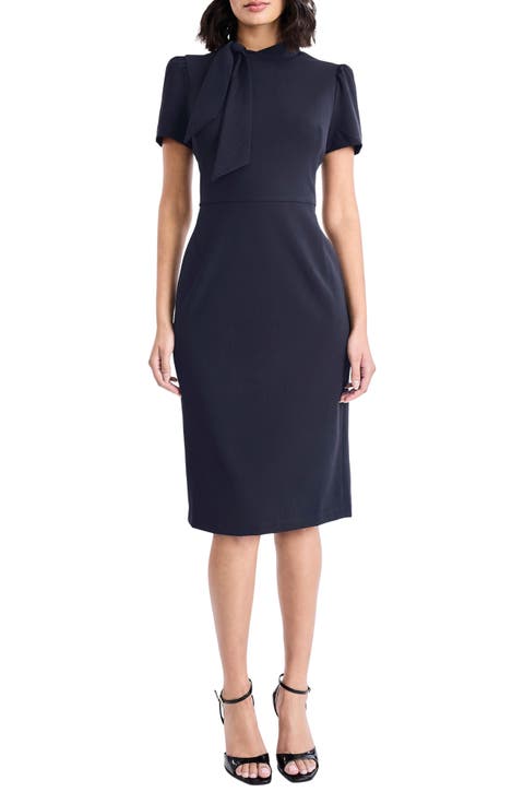 Tie Neck Puff Sleeve Scuba Crepe Dress