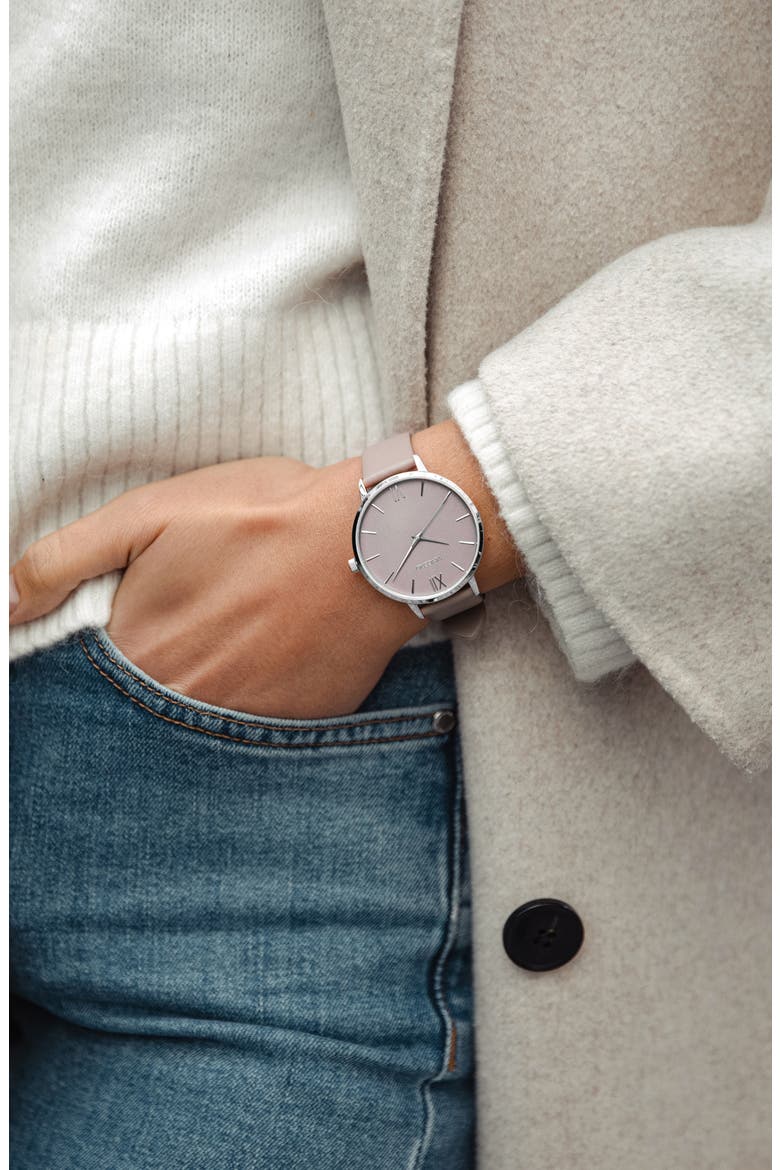 Eros Leather Strap Watch, 33mm, Alternate, color, TAUPE / SILVER