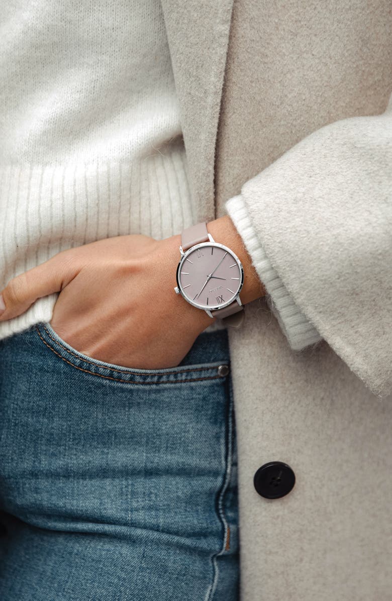 Vincero Eros Leather Strap Watch, 33mm, Alternate, color, Taupe / Silver