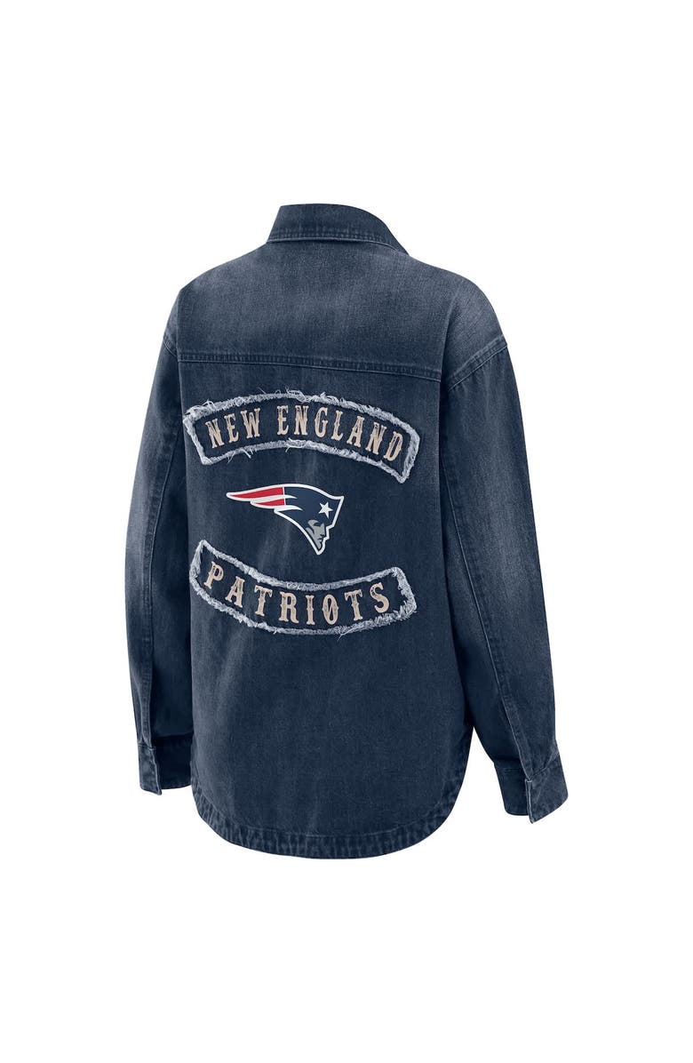 WEAR by Erin Andrews Women's WEAR by Erin Andrews Denim New England Patriots Washed Oversized Denim Full-Snap Shacket, Alternate, color, Denim