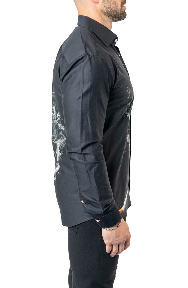 Maceoo Fibonacci Skull Smoke Cotton Button-Up Shirt, Alternate, color, Black