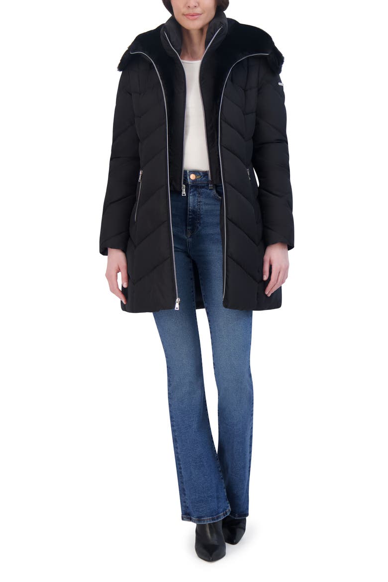 Faux Fur Trim Bibbed Puffer Jacket, Alternate, color, BLACK