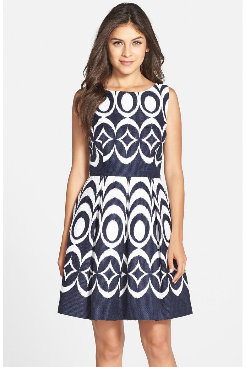 Cotton Jacquard Fit & Flare Dress, Main, color, INK/ WHITE