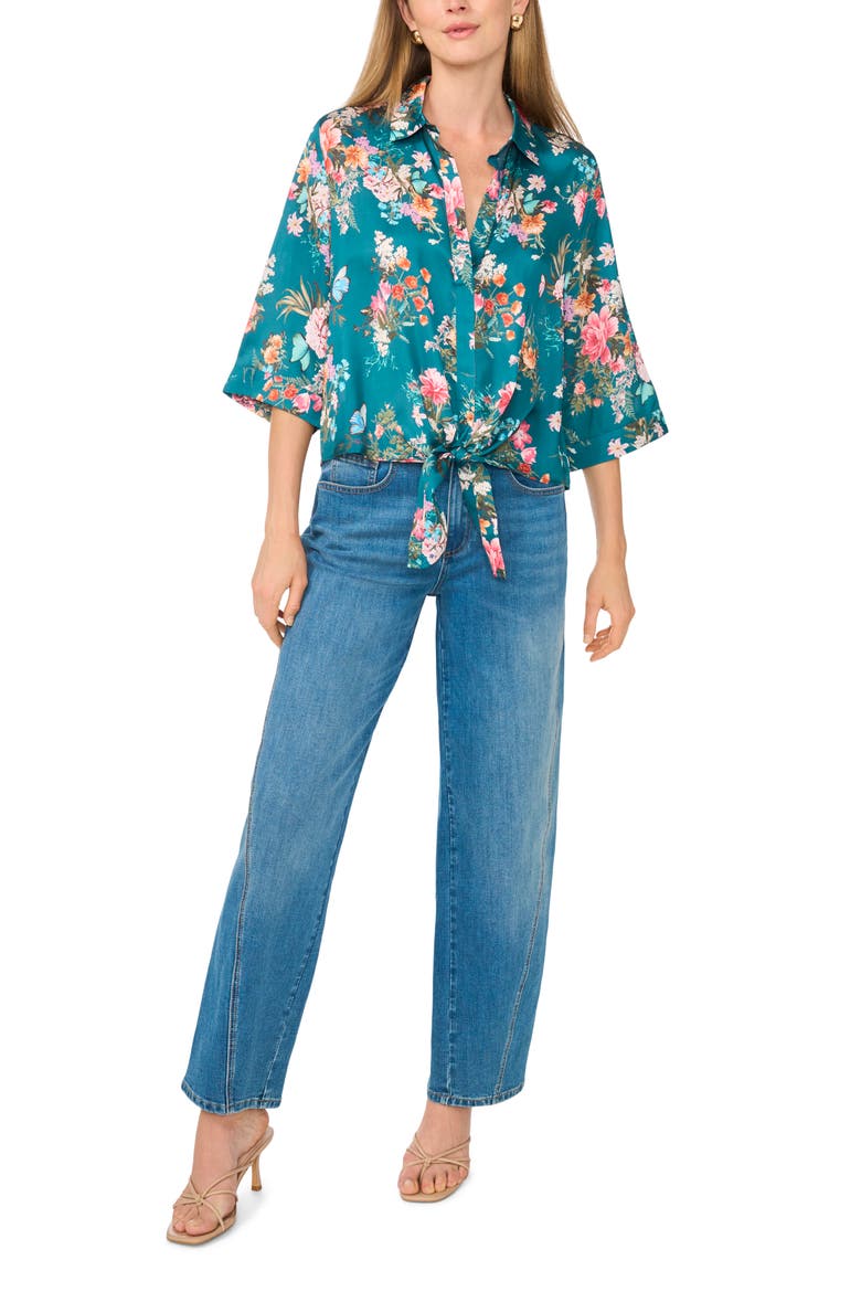 Floral Print Tie Front Blouse, Alternate, color, MEDITTERRANEAN