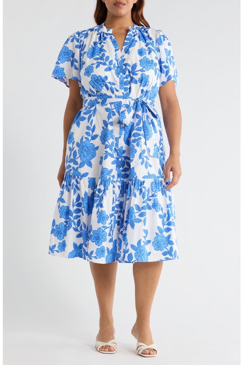 Glantis Floral Cora Button Midi Dress, Main, color, WHITE-BLUE-MULTI