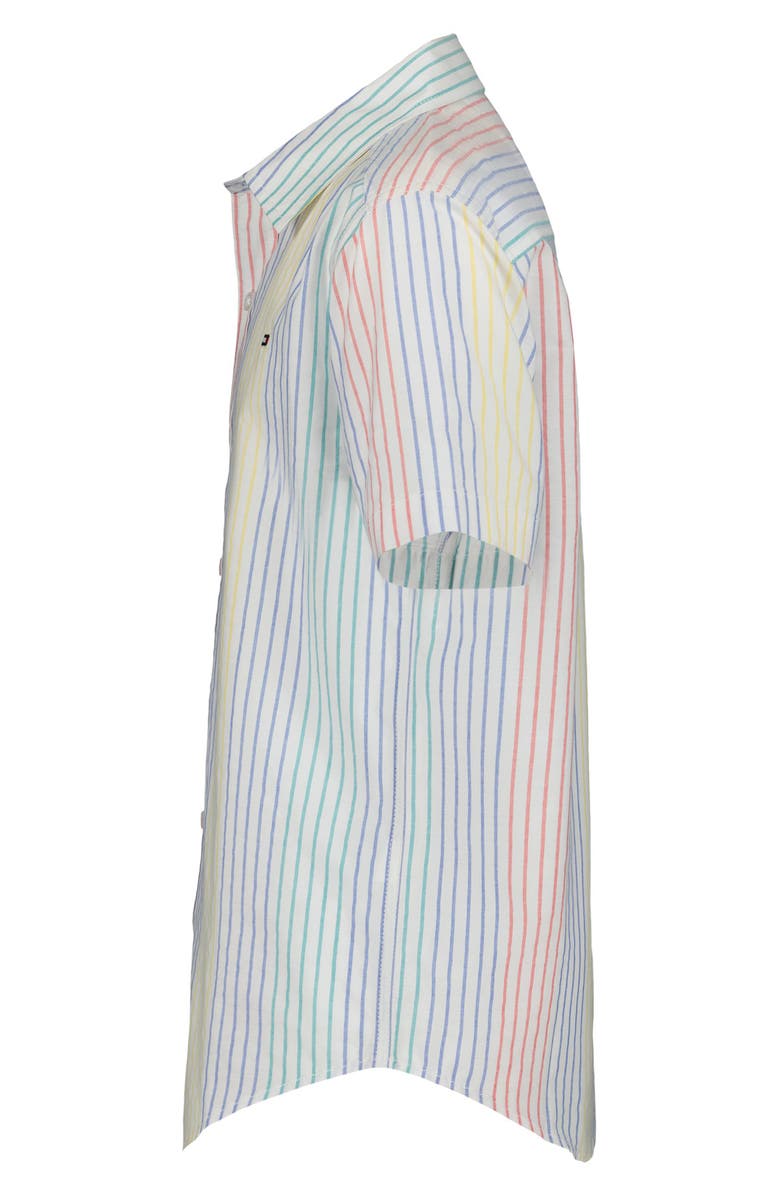 Tommy Hilfiger Kids' Rainbow Stripe Short Sleeve Button-Up Shirt, Alternate, color, Strong Blue