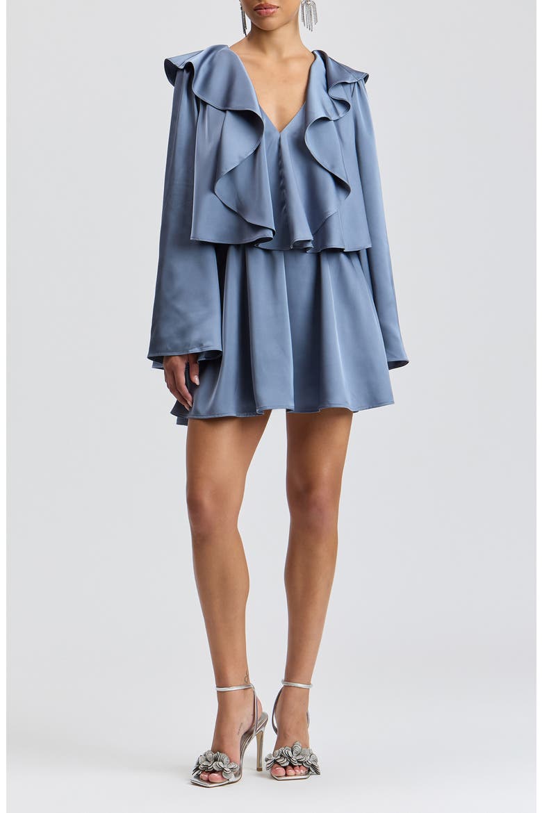 Ruffle Neck Long Sleeve Satin Minidress, Main, color, SLATE