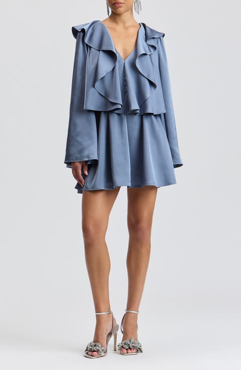 Ruffle Neck Long Sleeve Satin Minidress