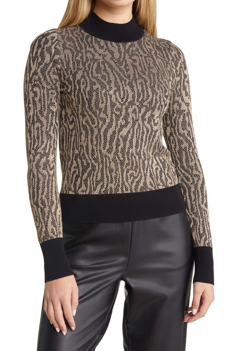 Jacquard Mock Neck Sweater, Main, color, BLACK- GOLD JAQUARD