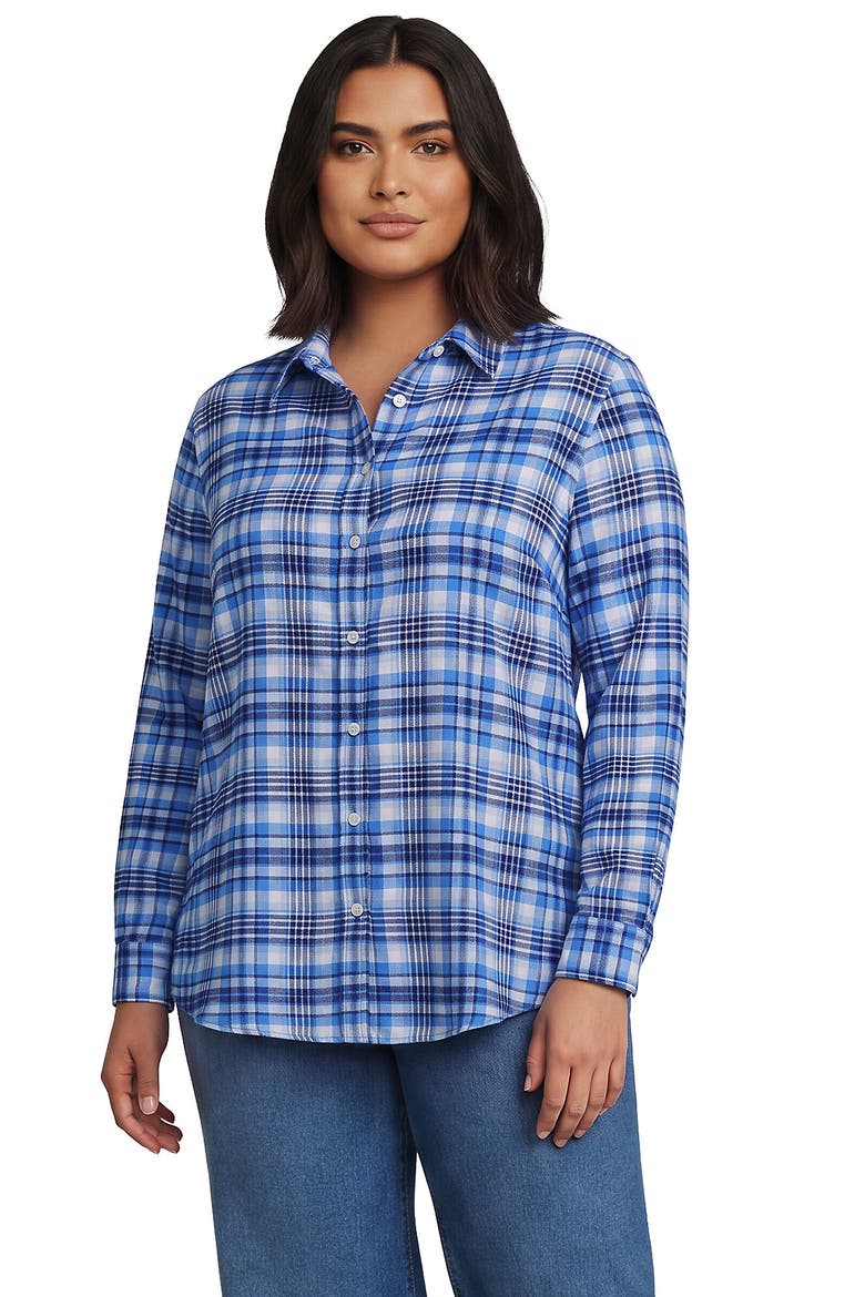 Plus Size Flannel Boyfriend Long Sleeve Shirt, Main, color, Bright French Blue Plaid