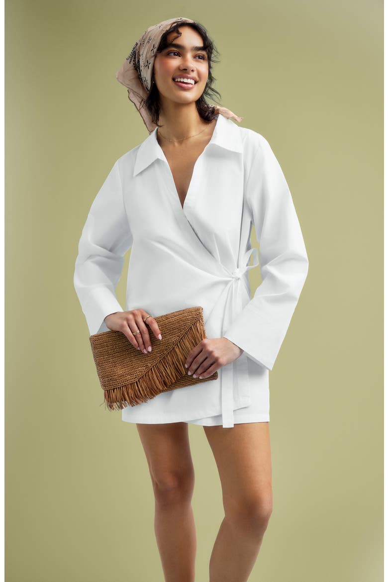 Elodie Long Sleeve Organic Cotton Wrap Cover-Up Dress, Alternate, color, WHITE