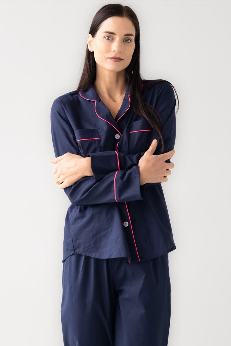 Classic Woven Cotton Pajama Set, Alternate, color, Navy/Pink