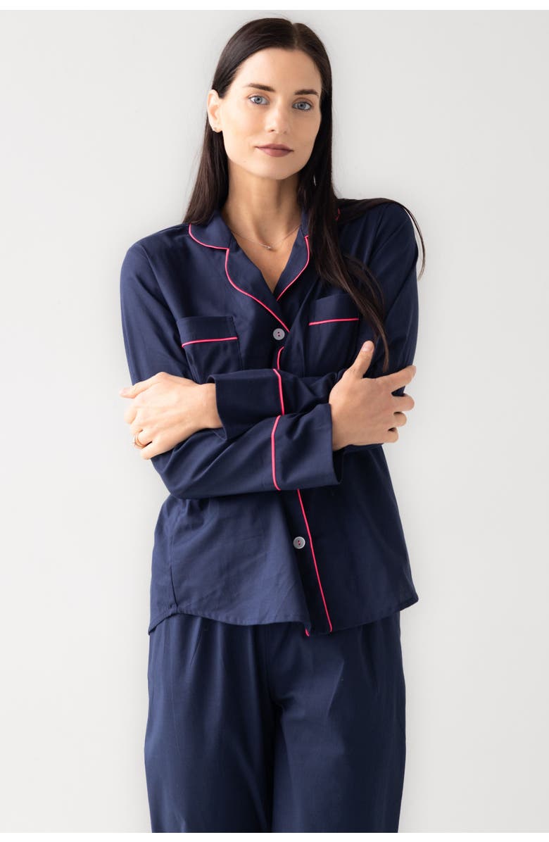 SALUA Classic Woven Cotton Pajama Set, Alternate, color, Navy/Pink
