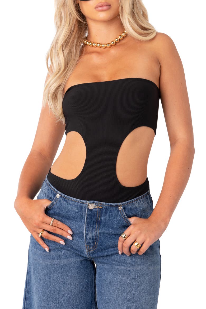 Vivie Cutout Rib Strapless Bodysuit, Main, color, BLACK