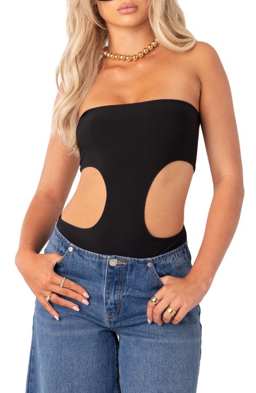 EDIKTED Vivie Cutout Rib Strapless Bodysuit in Black at Nordstrom, Size Medium