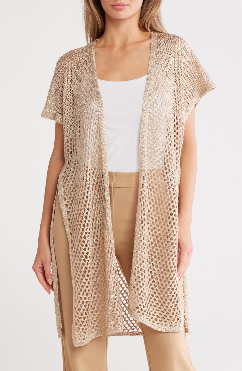 Vince Camuto Sequin Embellished Open Knit Short Sleeve Duster, Main, color, Neutral