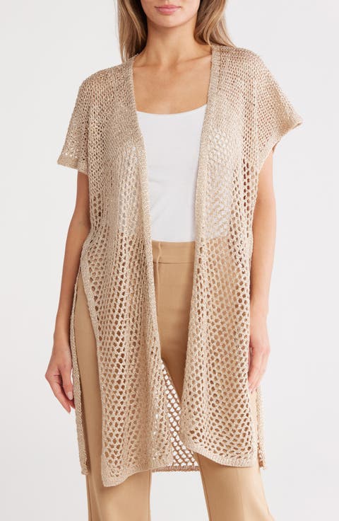 Sequin Embellished Open Knit Short Sleeve Duster