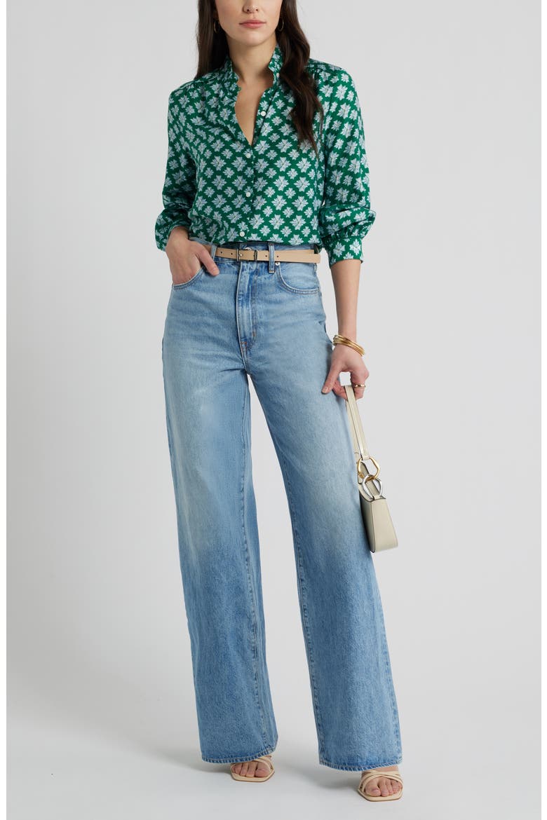 Ruffle Button-Up Shirt, Alternate, color, GREEN- BLUE MILLIE TILE