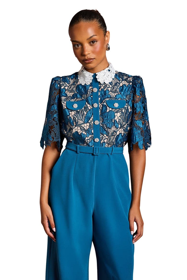 Petite Lace Shirt Short Sleeve Jumpsuit, Alternate, color, Slate Blue