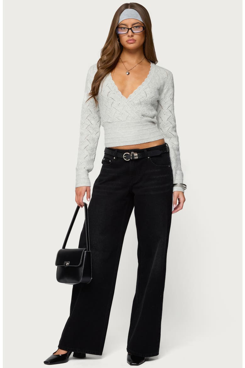Janine Pointelle V-Neck Crop Sweater, Alternate, color, GRAY-MELANGE