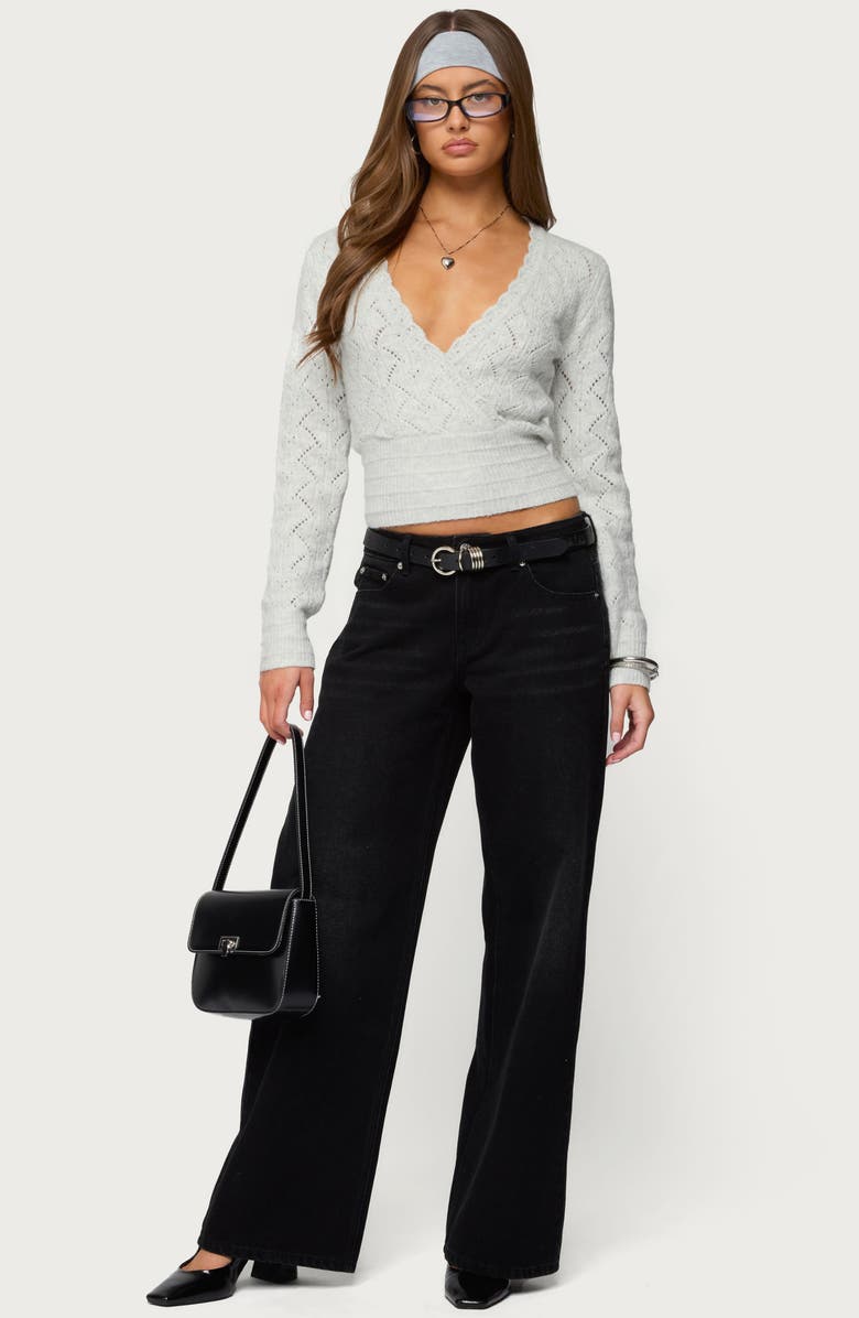 EDIKTED Janine Pointelle V-Neck Crop Sweater, Alternate, color, Gray-Melange