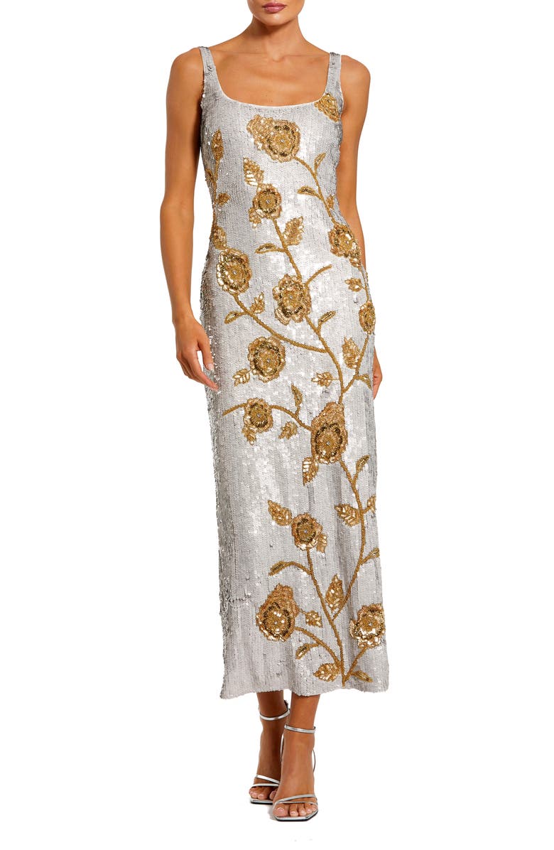Mac Duggal Embellished Floral Sequin Mesh Midi Dress, Main, color, Platinum Gold