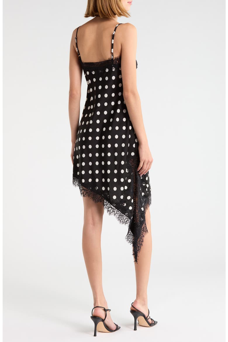 Afterdark Lace Trim Polka Dot Asymmetric Slipdress, Alternate, color, BLACK