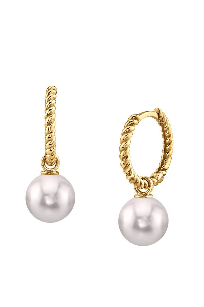 Japanese Akoya Pearl Hoop Via Earrings, Main, color, Yellow Gold