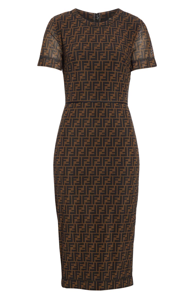 Fendi Sheer Sleeve Logo Pattern Midi Dress, Alternate, color, 