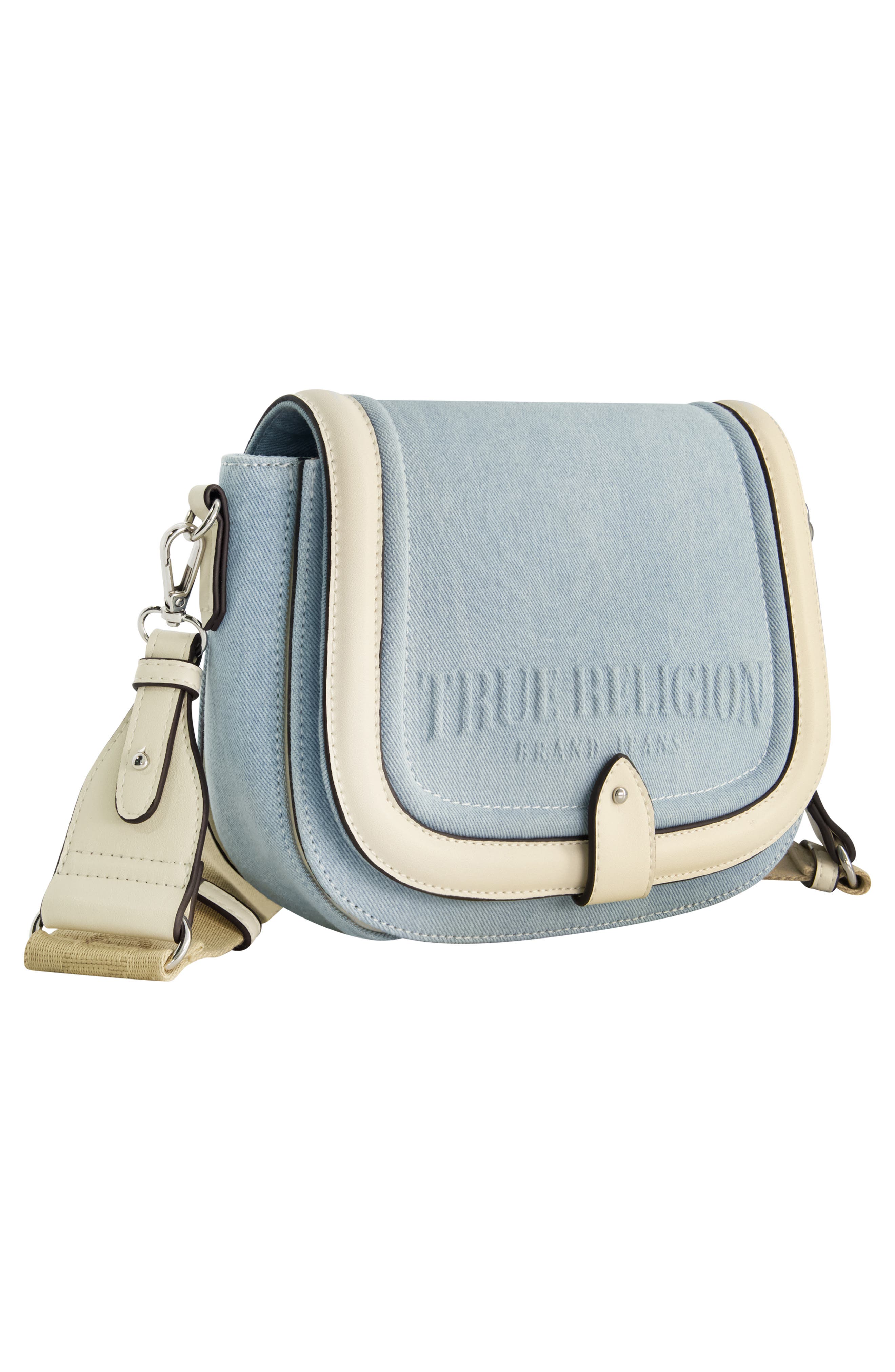 Distressed Logo Denim Saddle Bag, Alternate, color, LIGHT BLUE