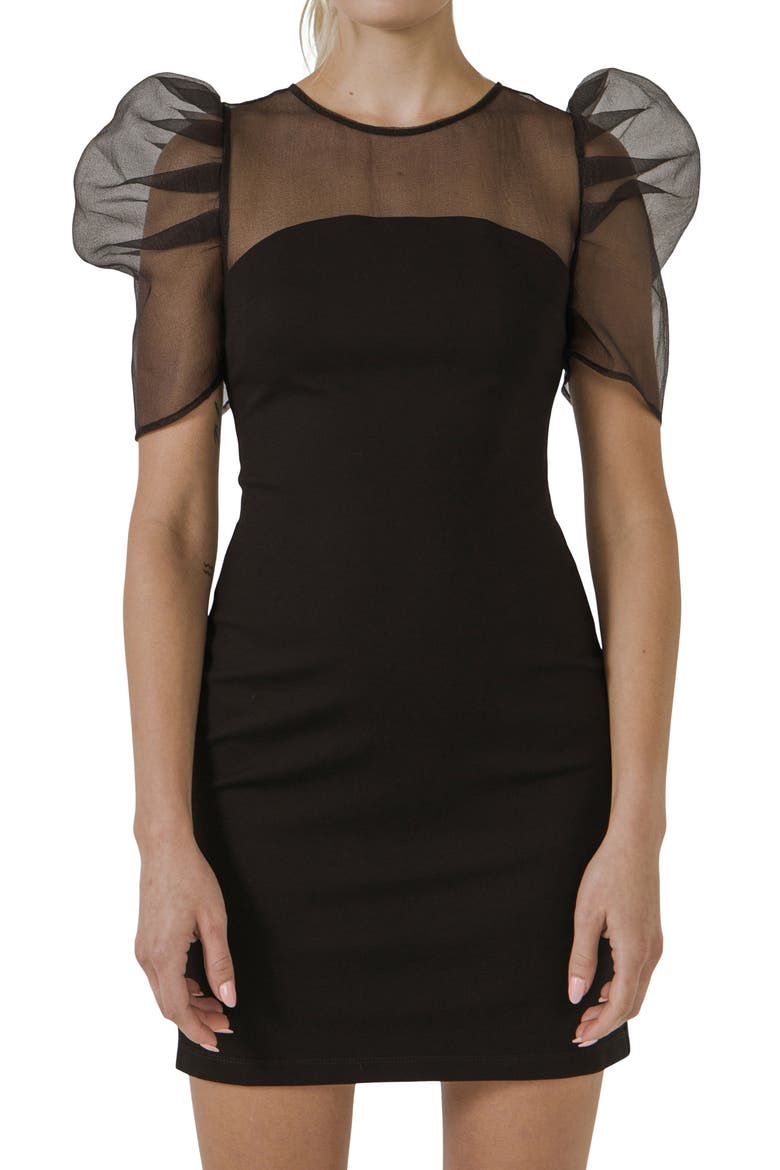 Mixed Media Puff Sleeve Minidress, Alternate, color, BLACK