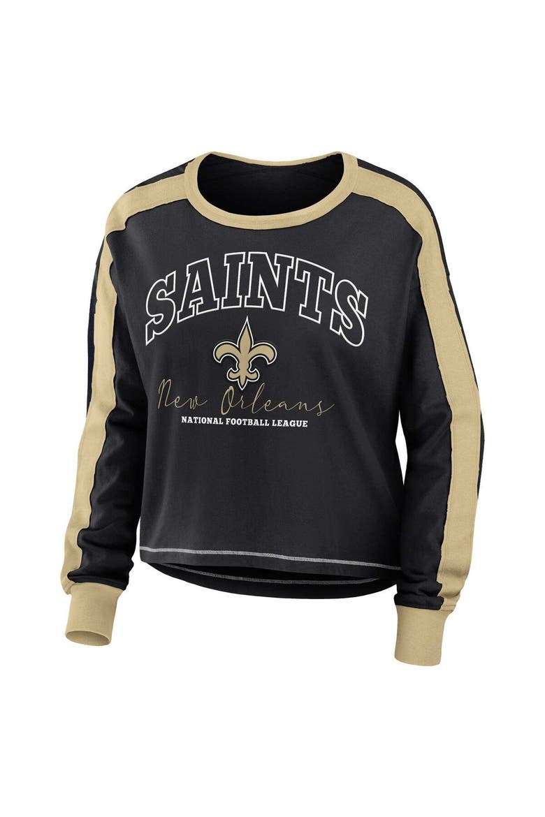Women's WEAR by Erin Andrews Black/Gold New Orleans Saints Color Block Modest Crop Long Sleeve T-Shirt, Alternate, color, Black