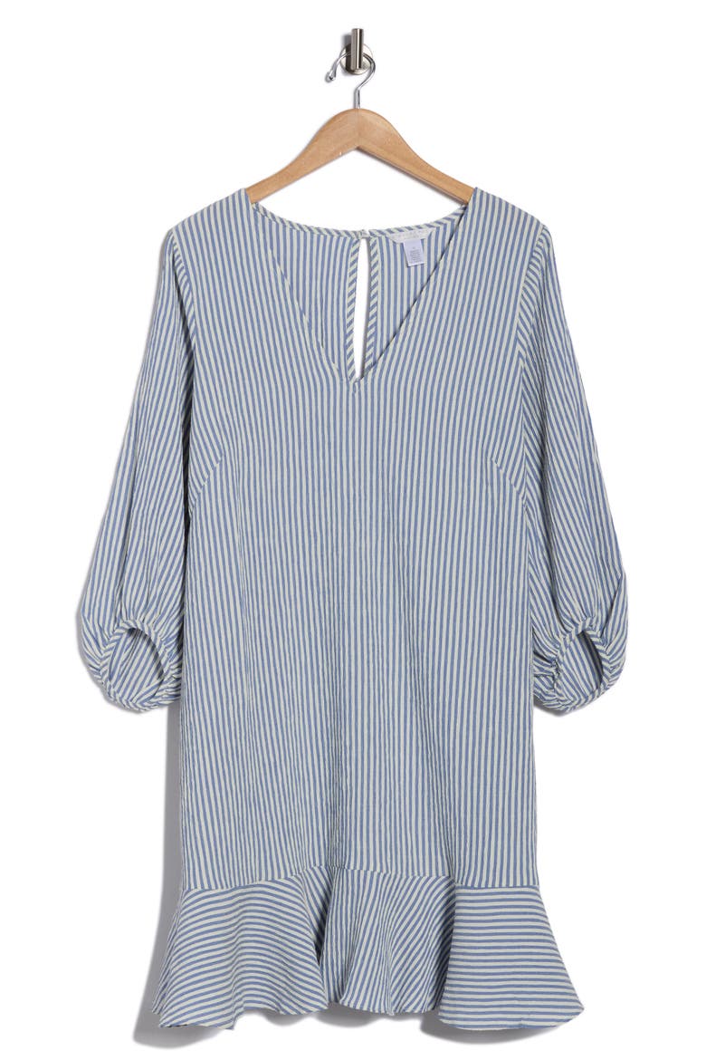 Stripe Long Sleeve Ruffle Shift Dress, Alternate, color, BLUE/ IVORY