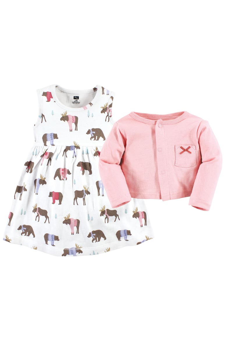 Cotton Dress and Cardigan Set, Alternate, color, Pink Moose Bear