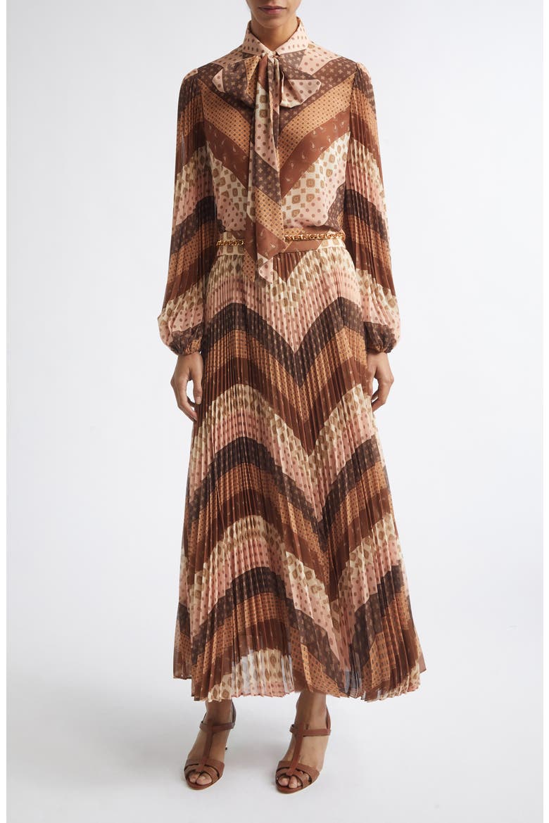 Sunray Chevron Foulard Tie Neck Shirt, Alternate, color, CHEVRON CHOCOLATE