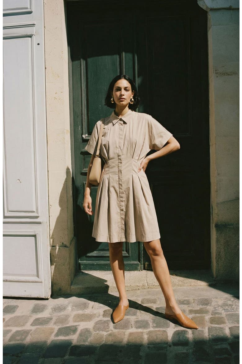 Friba Pleated Mini Shirtdress, Alternate, color, CEMENT