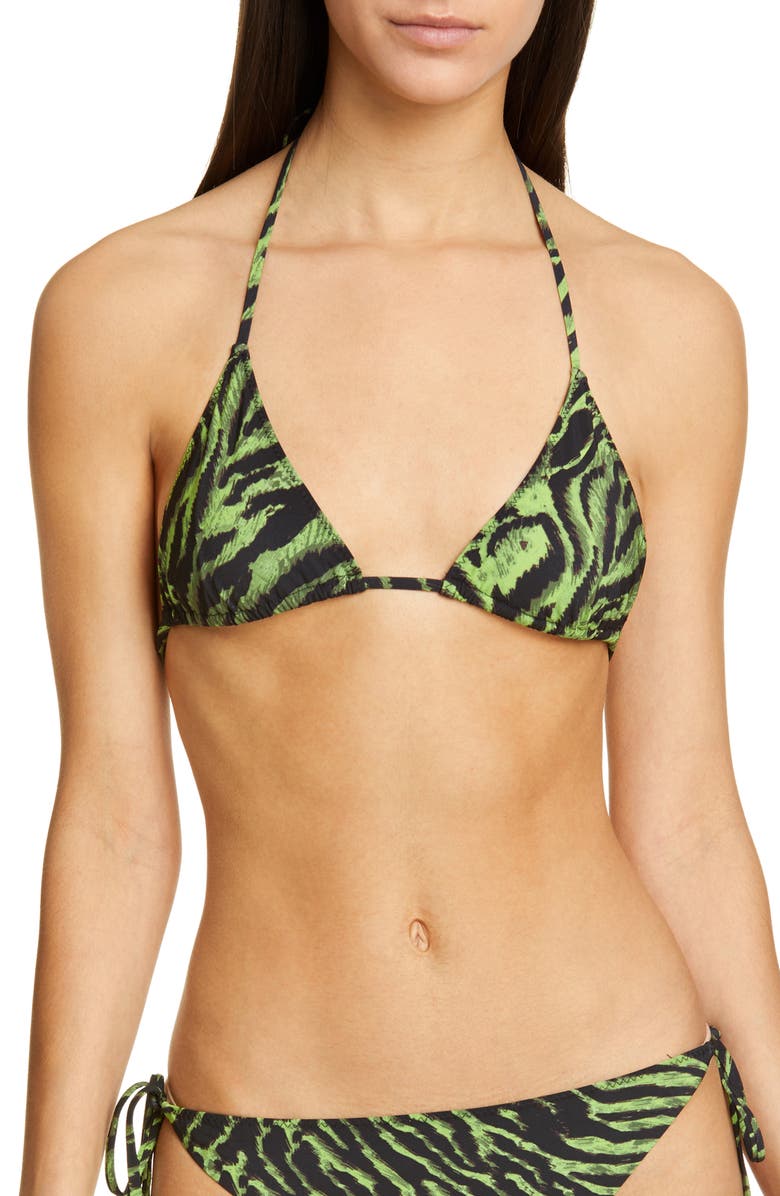 Ganni Tiger Print Triangle Bikini Top, Main, color, 