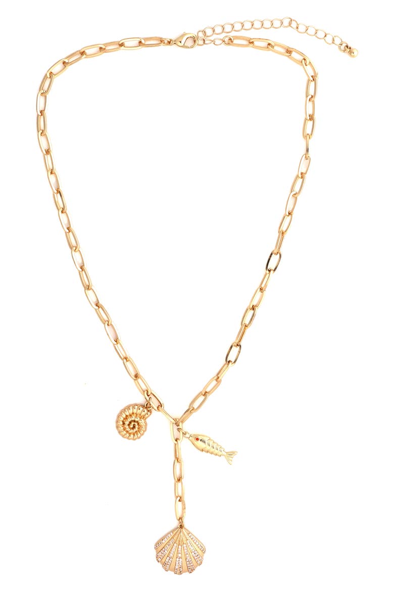 Shell & Fish Charm Lariat Necklace, Main, color, GOLD
