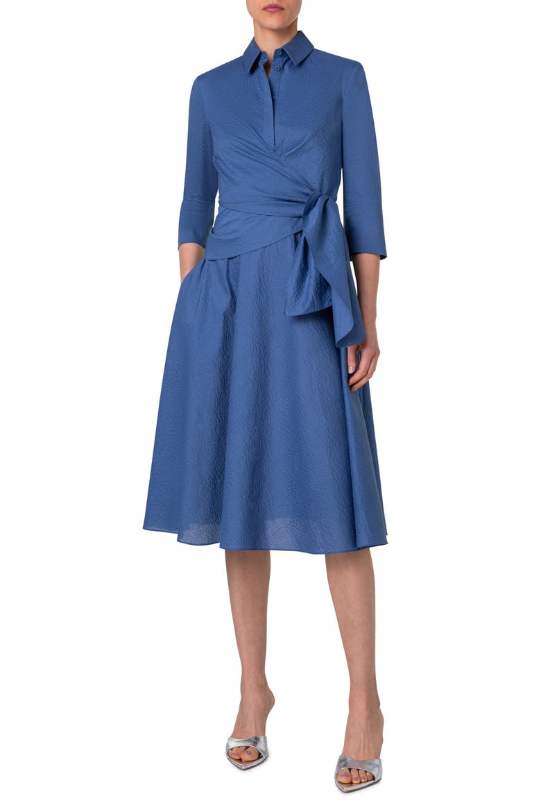 Sash Detail Cotton Seersucker Shirtdress, Main, color, SMOKY BLUE