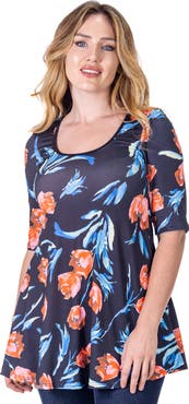 24seven Comfort Apparel Tulip Print Elbow Sleeve Casual Tunic Top