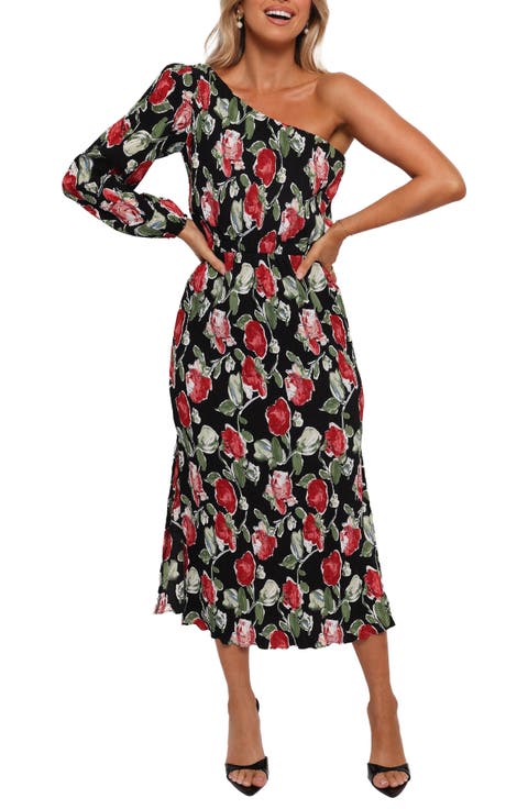 Pontee Floral Plissé One-Shoulder Midi Dress