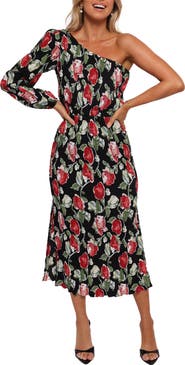 Petal & Pup Pontee Floral Plissé One-Shoulder Midi Dress