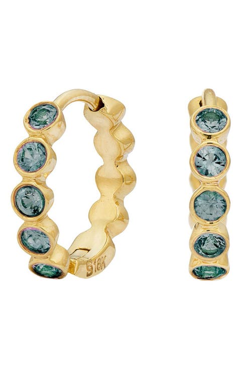 18K Gold Modern Bezel Green Sapphire Hoop Earrings
