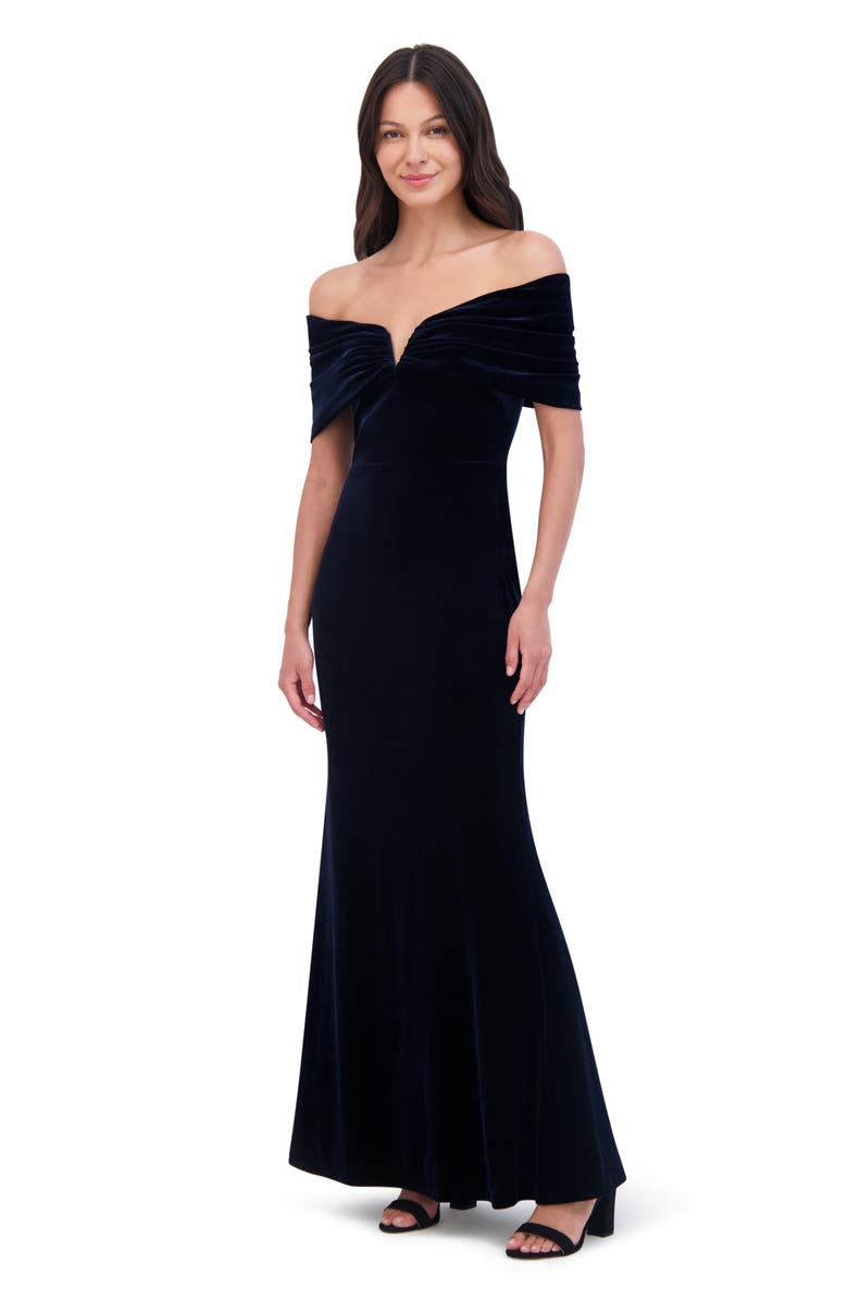 Vince Camuto Off the Shoulder Velvet Mermaid Gown, Alternate, color, Navy