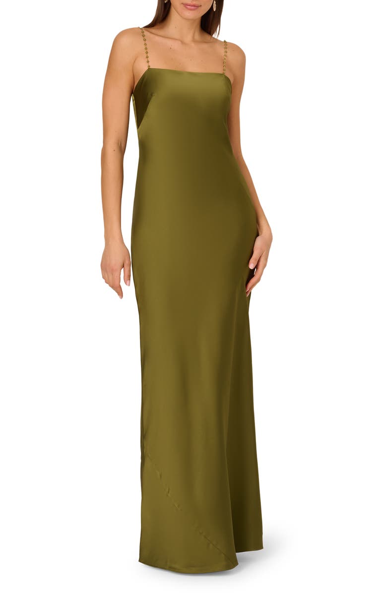 Adrianna Papell Beaded Strap Satin Gown, Main, color, Jungle Olive