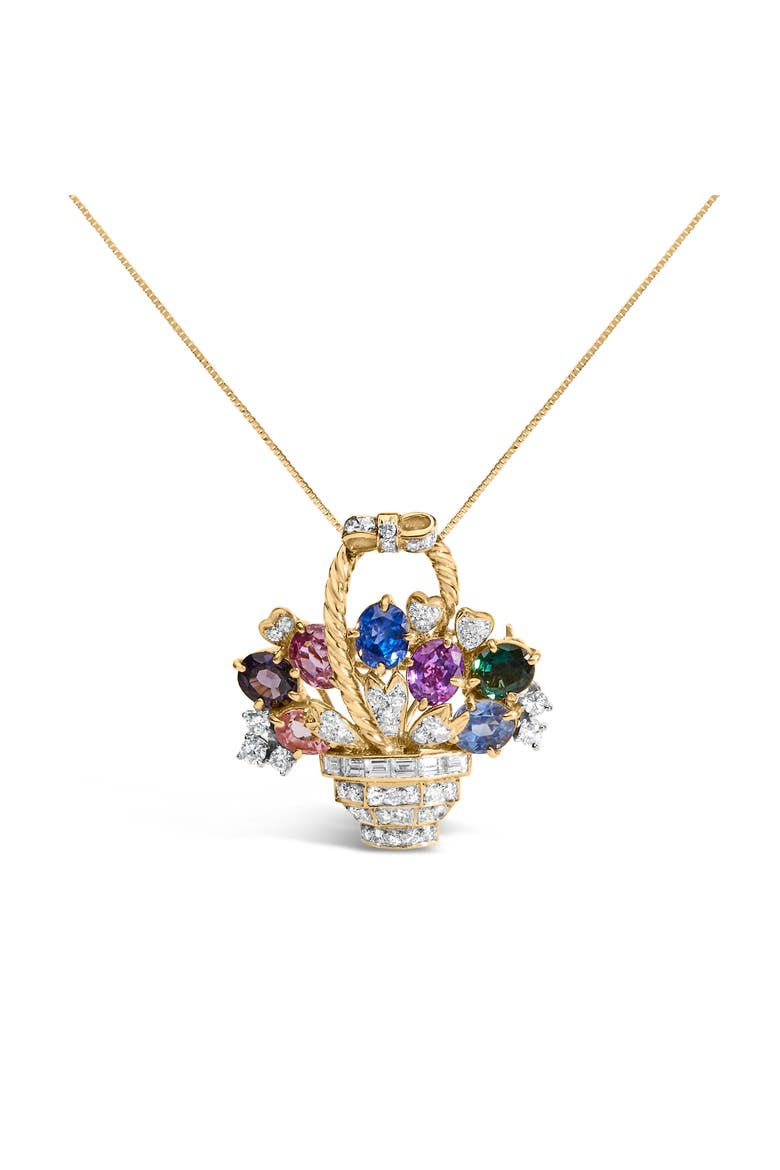 Gold 1 1/10 Cttw Diamond and Gemstone Floral Pendant Brooch Pin, Alternate, color, Yellow