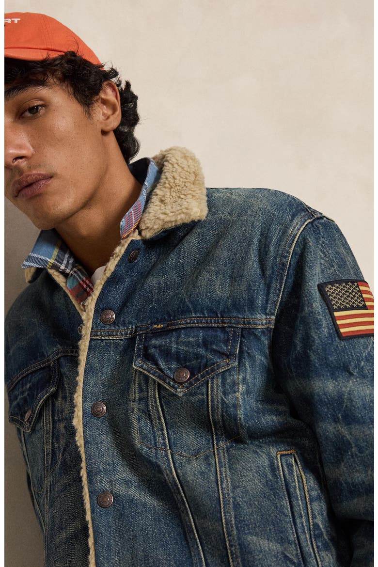 Rigid Fleece Lined Denim Trucker Jacket, Alternate, color, BLUE