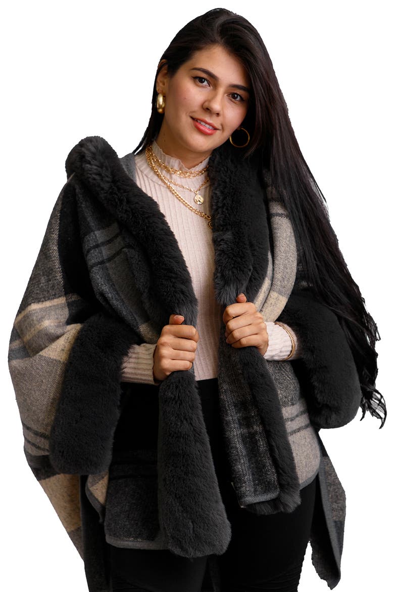 Blair Plaid Faux Fur Trim Topper, Alternate, color, BLACK